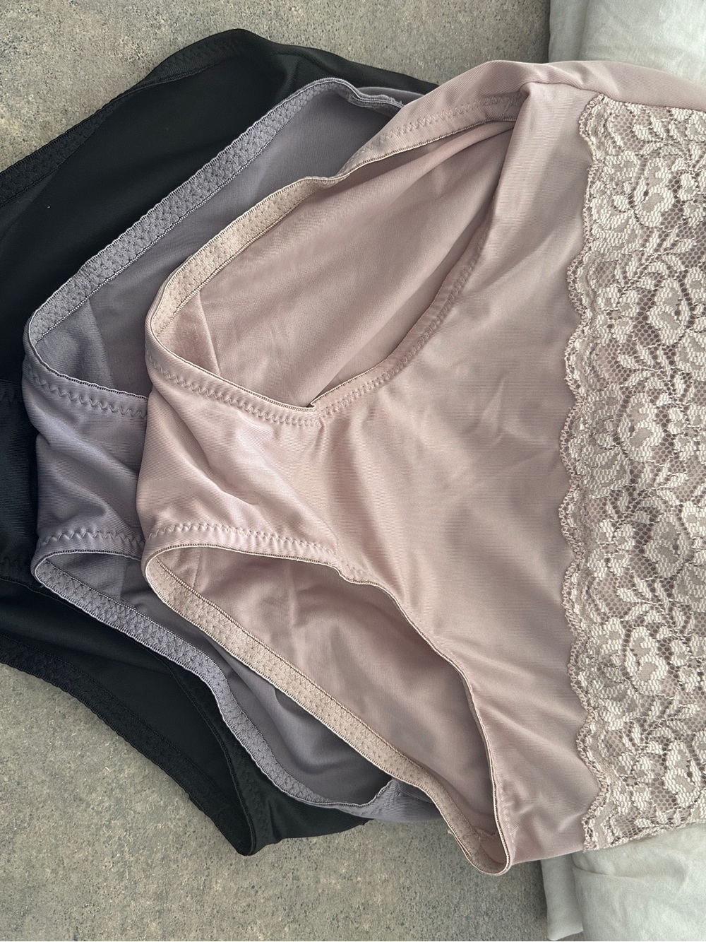Seamless Lace-Trim Brief Panties — Blush, Gray & Black